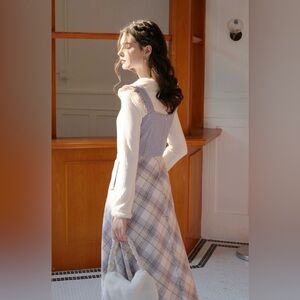 NWT Fairycore Retro Style Lilac Plaid Midi Dress for Fall & Winter Size TALL M/L